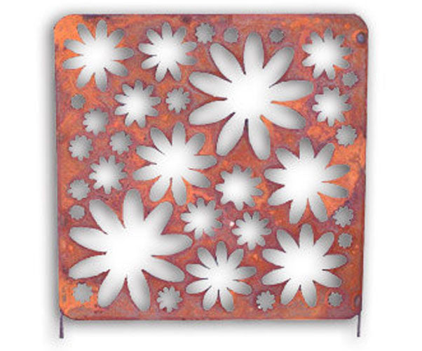 Decorative metal wall art panel with white flower cutouts on orange panel by Rustica Ornamentals on Tampa Home & Garden Store