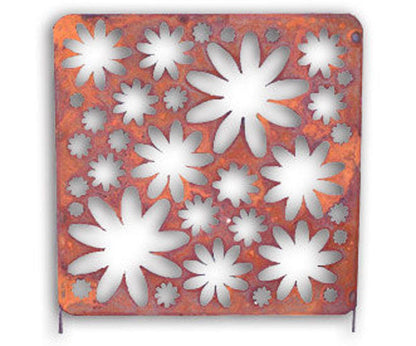 Decorative metal wall art panel with white flower cutouts on orange panel by Rustica Ornamentals on Tampa Home & Garden Store