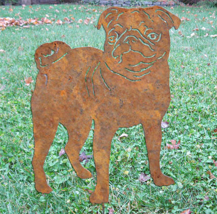 Pug garden stake in rusted metal by Rustica Ornamentals, lawn ornament companion dog on Tampa Home & Garden Store