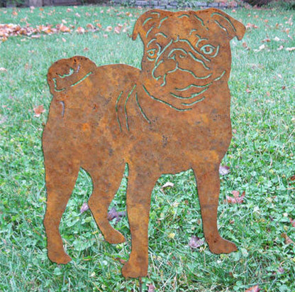 Pug garden stake in rusted metal by Rustica Ornamentals, lawn ornament companion dog on Tampa Home & Garden Store