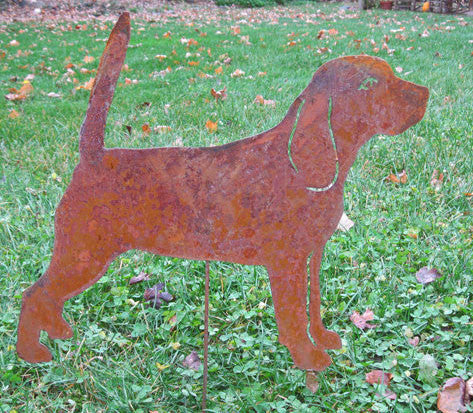 Beagle garden stake sculpture in rusted metal by Rustica Ornamentals, Hound Dogs category on Tampa Home & Garden Store