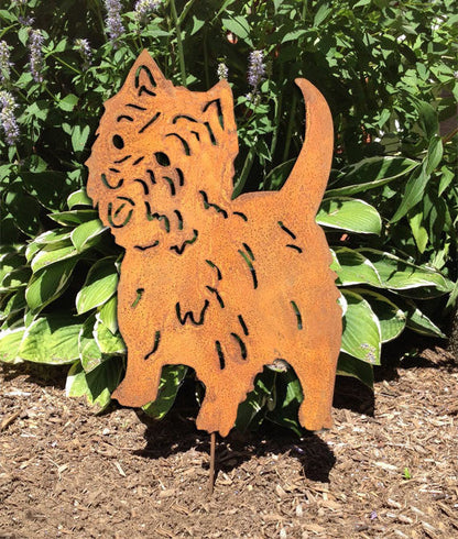 Westie statue lawn ornament rusted metal with stake by Rustica Ornamentals on Tampa Home & Garden Store