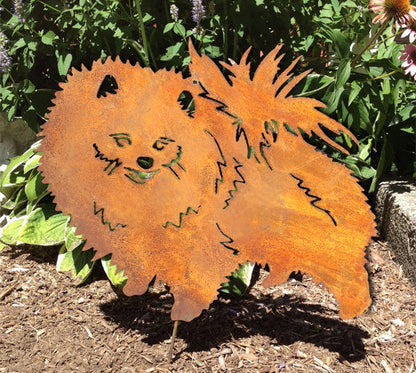 Pomeranian garden stake two-dog metal sculpture in rust orange by Rustica Ornamentals on Tampa Home & Garden Store