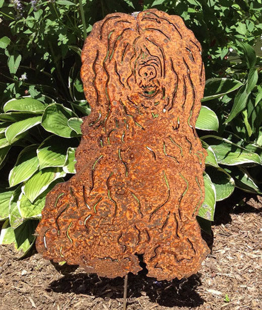 Rusted Tibetan Terrier garden stake sculpture with textured fur by Rustica Ornamentals on Tampa Home & Garden Store