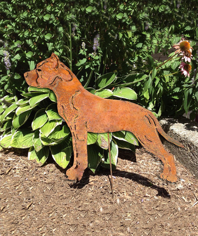 Staffordshire Bull Terrier garden stake by Rustica Ornamentals, rust metal dog sculpture for lawn on Tampa Home & Garden Store
