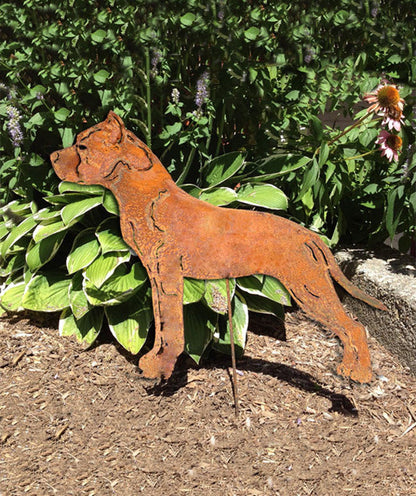 Staffordshire Bull Terrier garden stake by Rustica Ornamentals, rust metal dog sculpture for lawn on Tampa Home & Garden Store