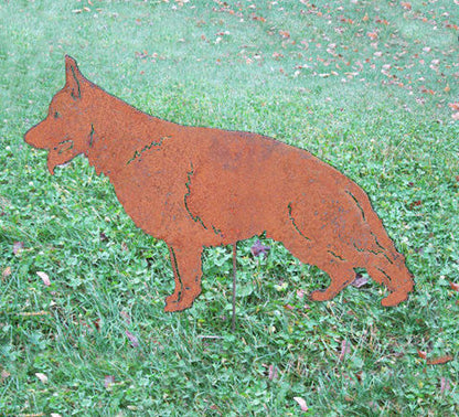 German Shepherd statue yard stake rust-colored garden sculpture by Rustica Ornamentals on Tampa Home & Garden Store