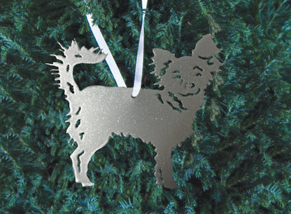 Chihuahua long-haired plant stake by Rustica Ornamentals, silver metal silhouette on Tampa Home & Garden Store