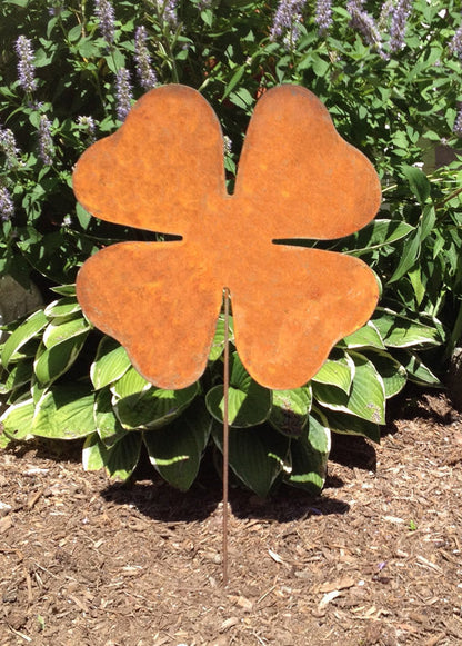 Shamrock plant stake rust finish with four-leaf clover silhouette, Rustica Ornamentals on Tampa Home & Garden Store