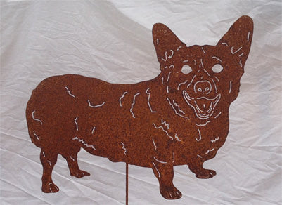 Corgi Plant Stake rust-brown metal silhouette for garden decor by Rustica Ornamentals on Tampa Home & Garden Store