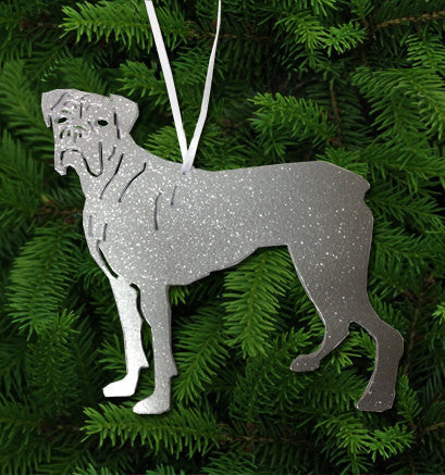Boxer plant stake by Rustica Ornamentals; silver glitter dog with ribbon for garden on Tampa Home & Garden Store