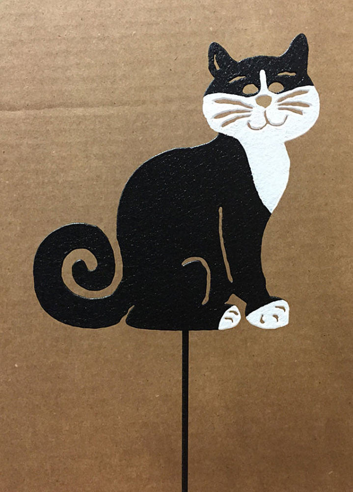 Tuxedo cat plant stake ornament black with white chest on garden stake Rustica Ornamentals on Tampa Home & Garden Store