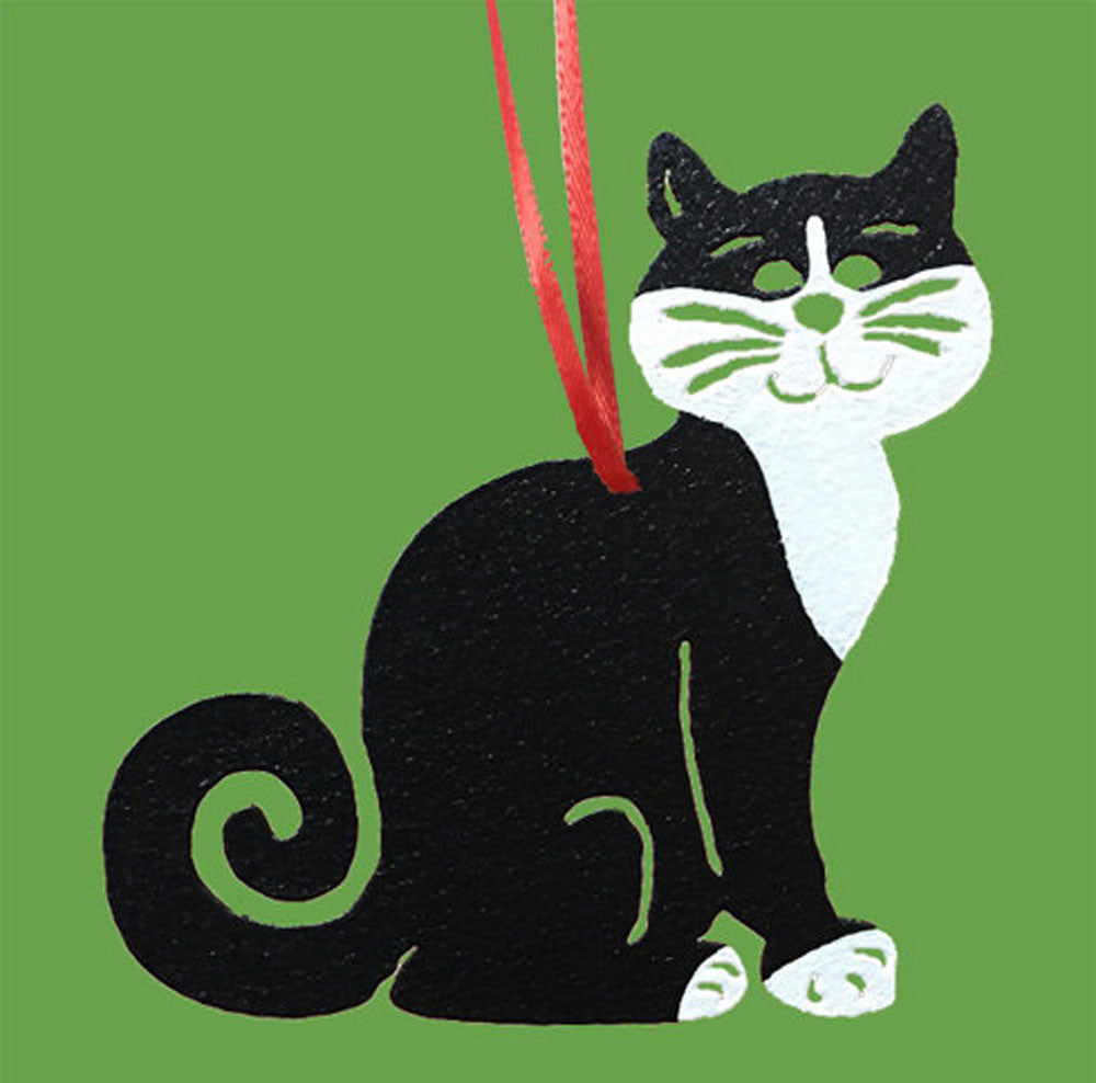 Tuxedo Cat plant stake ornament black white with red ribbon Rustica Ornamentals on Tampa Home & Garden Store