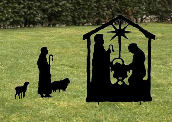 Nativity Scene Outdoor black metal yard art with star stable silhouette shepherd and sheep on Tampa Home & Garden Store