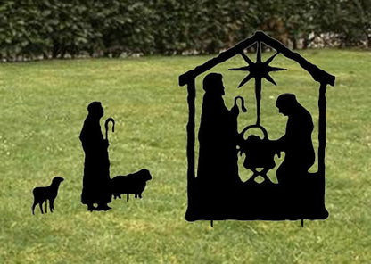 Nativity Scene Outdoor black metal yard art with star stable silhouette shepherd and sheep on Tampa Home & Garden Store