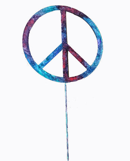 Outdoor peace sign garden stake sculpture, Rustica Ornamentals, multicolor blue-purple patina on Tampa Home & Garden Store
