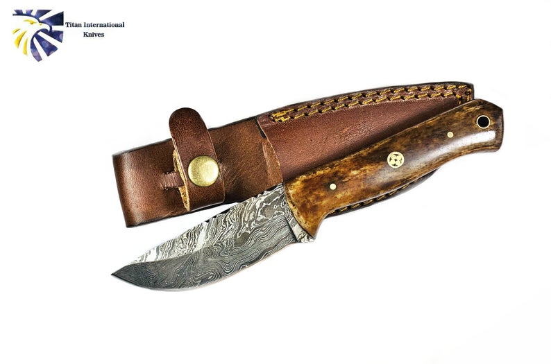 Damascus fixed-blade hunting knife with wood handle and leather sheath TD-238 on Tampa Home & Garden Store