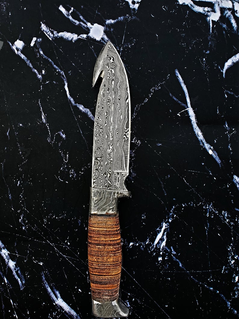 Damascus steel handmade hunting knife with gut hook, stacked leather handle TD-013 on Tampa Home & Garden Store