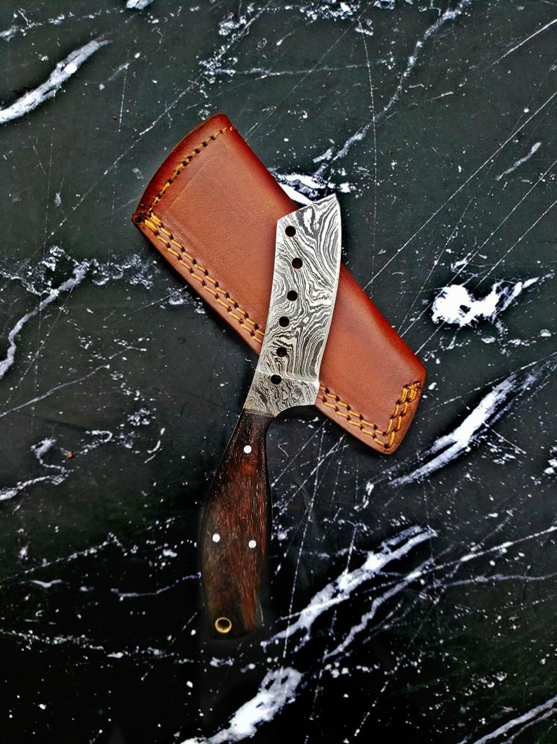 Mavado Damascus Cleaver Knife with Damascus blade and dark wood handle, tan leather sheath on Tampa Home & Garden Store