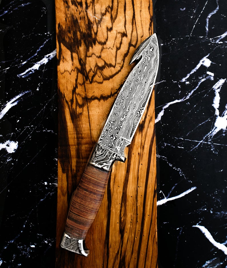 Damascus steel hunting knife with gut hook, stacked leather handle, Titan International K TD-013 on Tampa Home & Garden Store