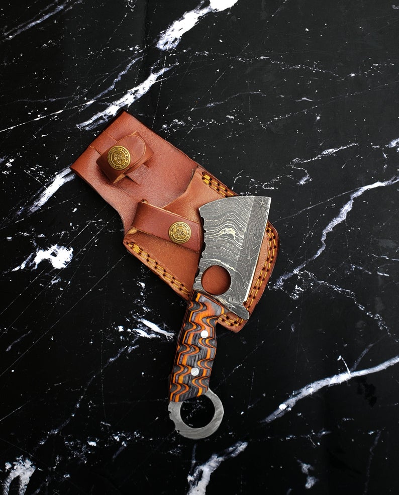 EDC mini cleaver with Damascus blade, Titan International K, orange marbled handle on Tampa Home & Garden Store