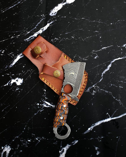 EDC mini cleaver with Damascus blade, Titan International K, orange marbled handle on Tampa Home & Garden Store