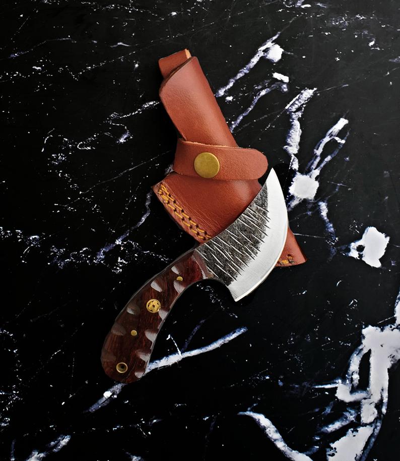 Titan Brisk skin EDC knife hand-forged ulu blade brown wood handle leather sheath on Tampa Home & Garden Store