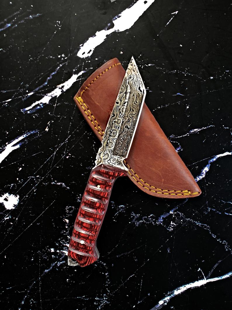 Titan Diver EDC knife with Damascus blade and cherry wood handle TD-275 leather sheath on Tampa Home & Garden Store