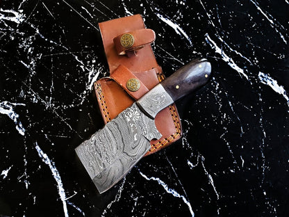 EDC mini cleaver with Damascus blade and dyed bone handle in leather sheath Titan International K on Tampa Home & Garden Store