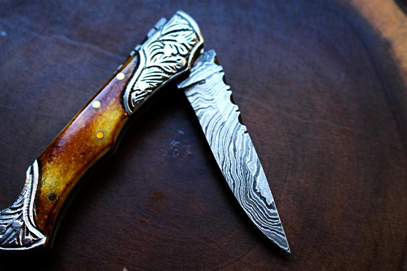 Damascus steel pocket knife with burn bone handles and bolsters, wavy blade Titan TF-30 on Tampa Home & Garden Store