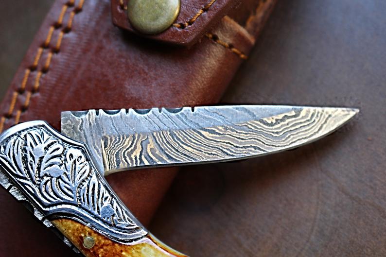 Damascus steel handmade pocket knife TF-30 with burn bone handles steel bolsters Titan K on Tampa Home & Garden Store