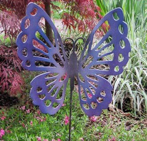 Butterfly garden stake blue metal with cutout wing pattern by Rustica Ornamentals on Tampa Home & Garden Store