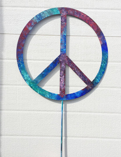 Outdoor peace sign wall art by Rustica Ornamentals, rainbow gradient metal lawn stake on Tampa Home & Garden Store
