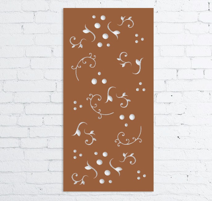 Outdoor Privacy Screen metal wall decor brown panel with white floral swirls Rustica Ornamentals on Tampa Home & Garden Store