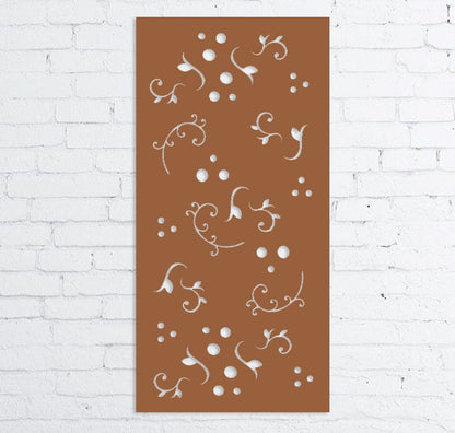 Outdoor Privacy Screen metal wall decor brown panel with white floral swirls Rustica Ornamentals on Tampa Home & Garden Store