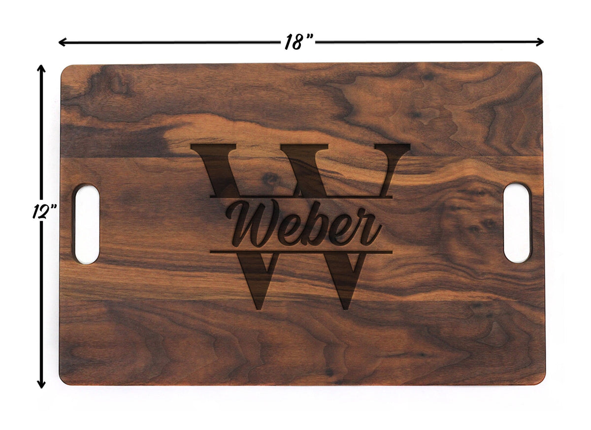 Monogrammed wooden cutting board 18x12 in with juice groove and handles, large W monogram on Tampa Home & Garden Store