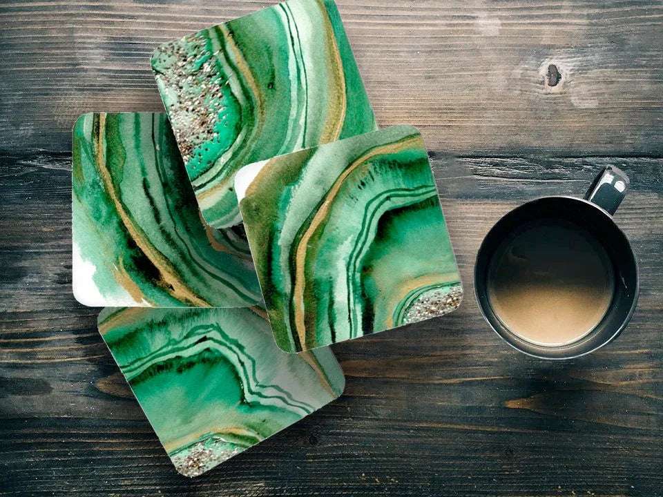 Posavasos de acuarela de ágata verde – Juego de 4 piezas de arte funcional