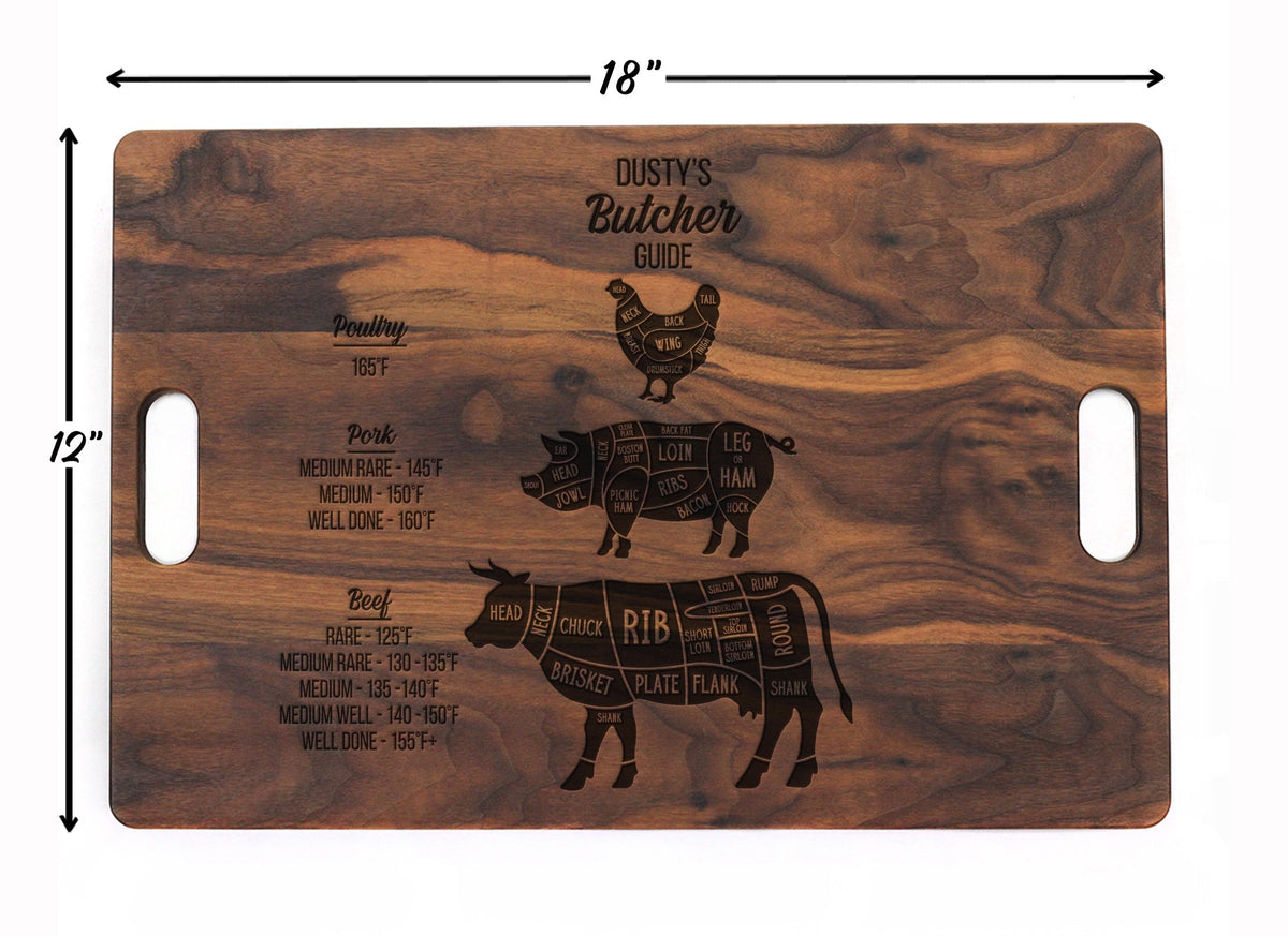 Walnut cutting board 18x12 with Dusty’s Butcher Guide engraving and juice groove on Tampa Home & Garden Store
