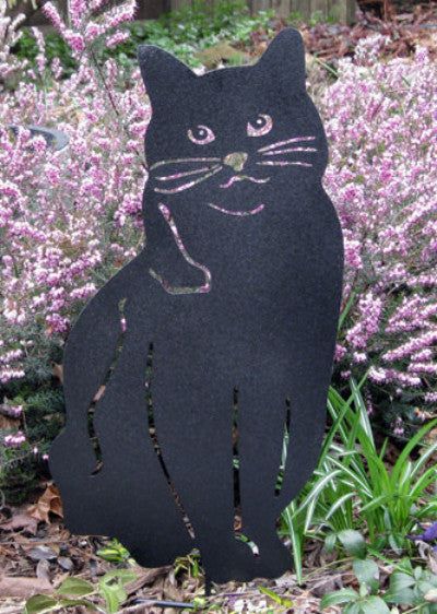 Cat yard art black metal silhouette lawn ornament with pink accents Rustica Ornamentals on Tampa Home & Garden Store