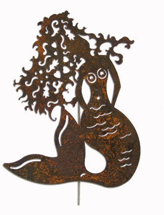 Mermaid wall art metal sculpture with flowing hair and curled tail, rusted finish on Tampa Home & Garden Store