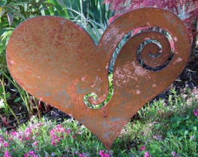 Rusty metal heart garden stake with spiral openwork by Rustica Ornamentals on Tampa Home & Garden Store