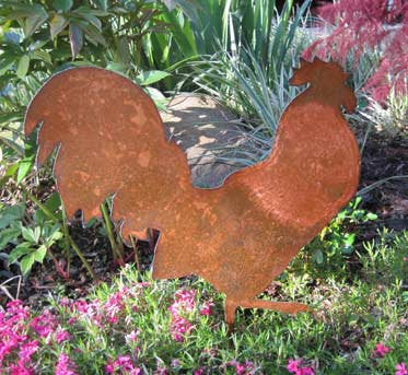 Metal rooster yard art silhouette in rusty finish for garden on Tampa Home & Garden Store