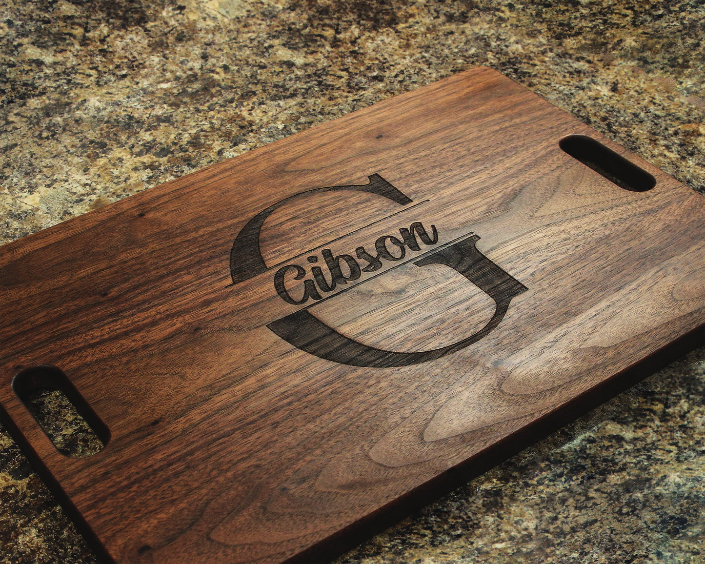 Gibson monogrammed cutting board 18x12 inch wood with handles on Tampa Home & Garden Store