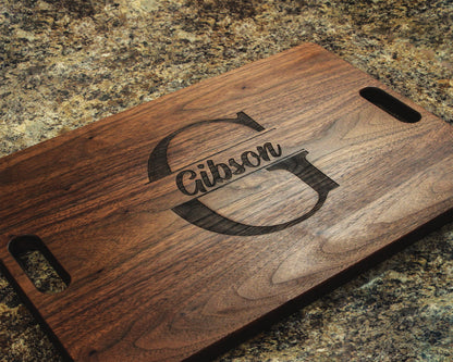 Gibson monogrammed cutting board 18x12 inch wood with handles on Tampa Home & Garden Store