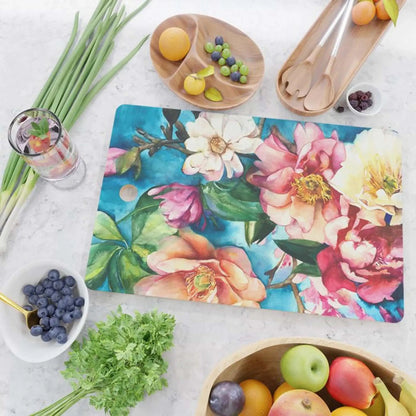 Tabla de cortar de cristal con motivos florales tropicales I – Arte funcional para tu cocina