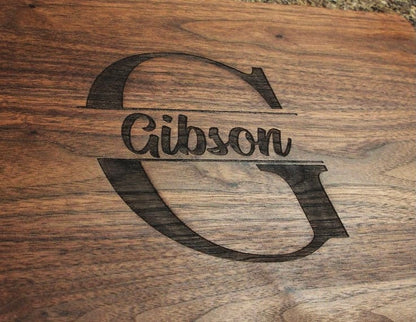 Walnut serving tray with Gibson burned logo on smooth wood 24x18 charcuterie board on Tampa Home & Garden Store