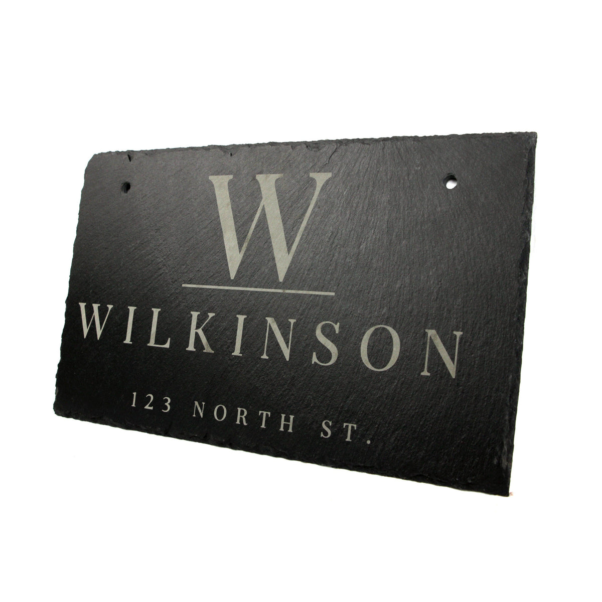 Personalized slate home sign last name Wilkinson and address 123 North St 11.75 x 7 in hanging sign on Tampa Home & Garden Store