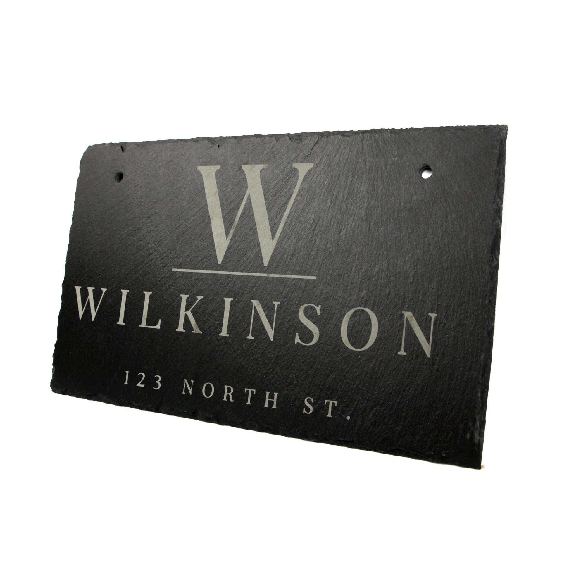 Personalized slate home sign last name Wilkinson and address 123 North St 11.75 x 7 in hanging sign on Tampa Home & Garden Store