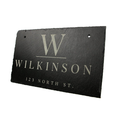 Personalized slate home sign last name Wilkinson and address 123 North St 11.75 x 7 in hanging sign on Tampa Home & Garden Store