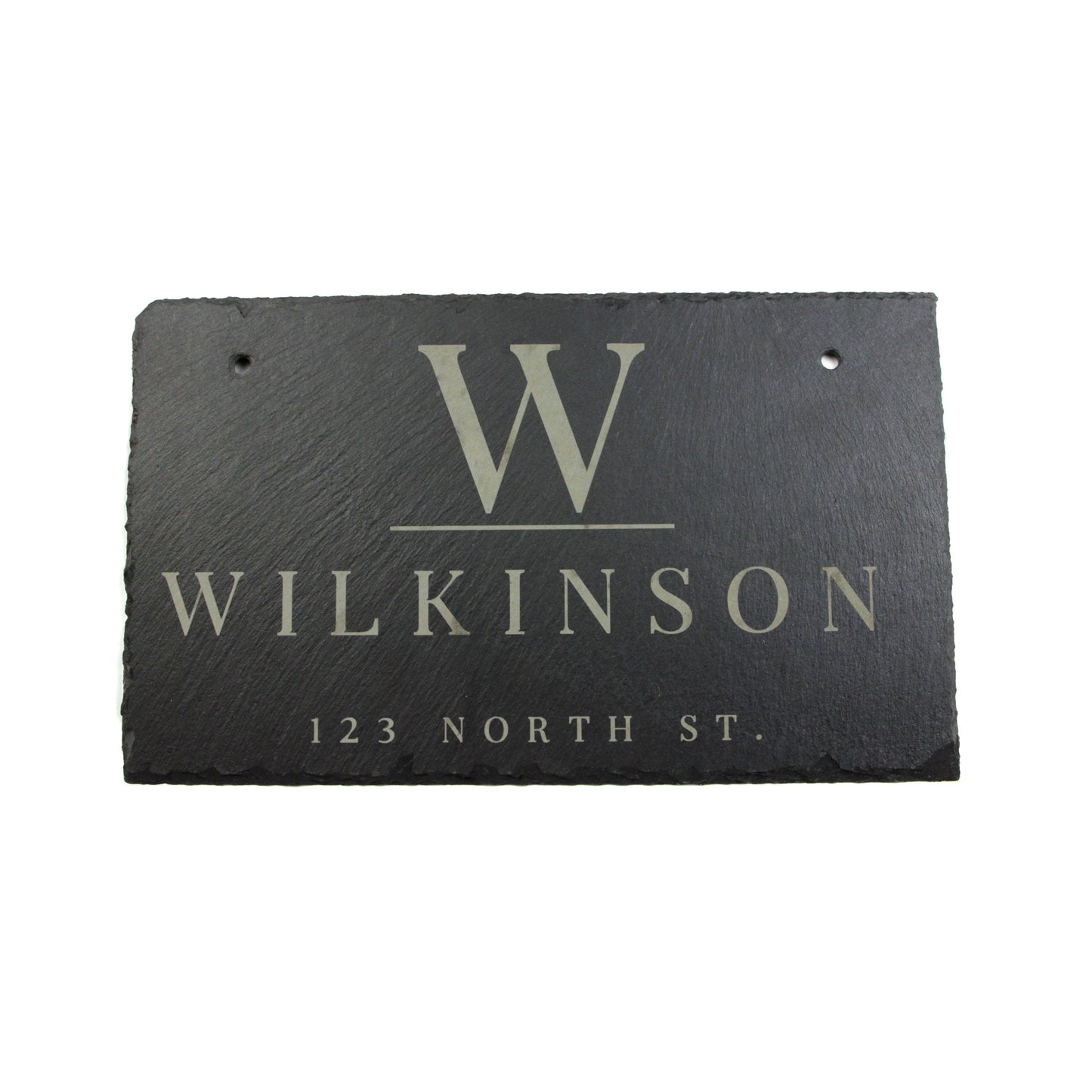 Personalized slate address sign with large W monogram and Wilkinson last name 123 North St on Tampa Home & Garden Store